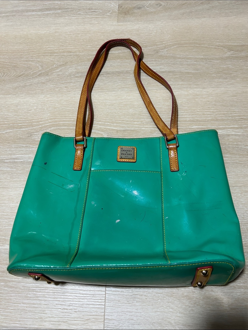 Dooney & Bourke Green Leather Tote with Tan Straps